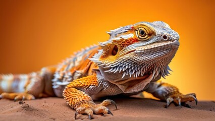 Obraz premium A close-up of a bearded dragon lizard with orange and white scales, looking directly at the camera with a yellow background.