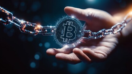 Hand Holding Bitcoin Blockchain Chain Link Concept