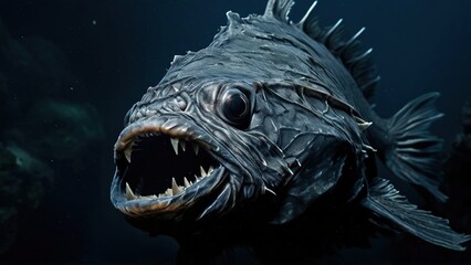 A close-up of a black, deep-sea fish with sharp teeth and an open mouth.  The fish is swimming in a dark blue water.