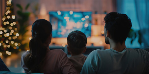 Fototapeta premium A family of three is watching television together. The man is wearing a gray shirt and the woman has her hair in a ponytail. The child is sitting between them