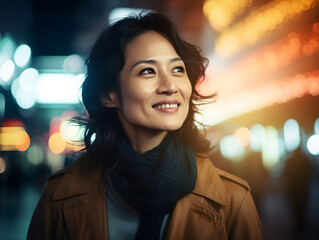 Obraz premium A cheerful Asian woman wearing a scarf and coat, illuminated by the city lights at night, creates a warm and vibrant urban ambiance in this nighttime photograph.