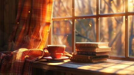 07231249 136. A cup of coffee is placed on a wooden table by the window, accompanied by a stack of books, as the morning sun shines in, casting a warm and inviting glow over the scene