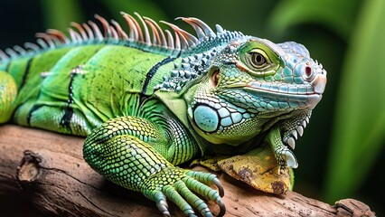 Obraz premium A close-up of a green iguana with blue and yellow markings on a branch. The iguana is looking to the right.