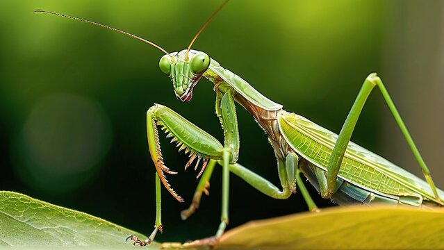 A close-up of a green praying mantis perched on a leaf, its large eyes focused on the camera. The mantis's spiky forelegs are prominently displayed, showcasing its predatory nature.