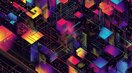 Fototapeta premium An intricate isometric design with vibrant dots and lines forming a complex, colorful abstract pattern.