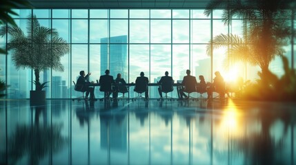 Silhouettes of Success: A powerful image of a business team in silhouette, gathered around a table in a modern office with a stunning city skyline and a golden sunset in the background, conveying a se