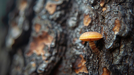 Fototapeta premium Close-up of a tiny mushroom growing on a tree bark, showing the contrast between the soft mushroom and rough bark.