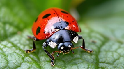 Fototapeta premium A close-up of a ladybug with black spots on its red shell, perched on a green leaf.