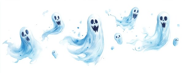 Fototapeta premium Multiple playful ghosts floating against a white background in watercolor style.