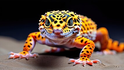 A close-up of a leopard gecko with orange and black spots. The gecko is looking directly at the camera with a slight smile.