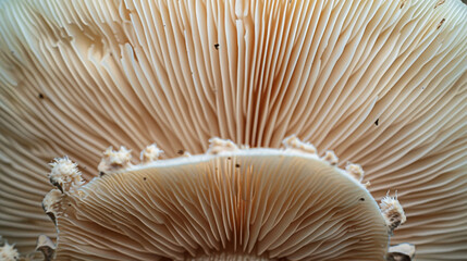 A close-up shot of the underside of a mushroom cap, with the gills fanning out in a delicate pattern.