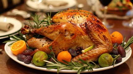 A festive meal featuring a roasted turkey as the centerpiece.