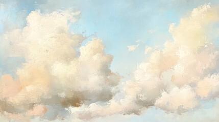 Neutral colors and pastel tones in an oil painting of a sky with clouds, emphasizing heavy impasto and soft highlights.