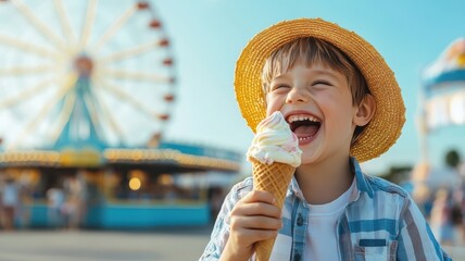 A kid excitedly eating a colorful ice cream cone at a fun summer carnival.