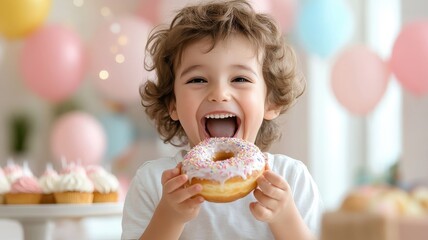 A kid excitedly devouring a doughnut at a festive birthday party.