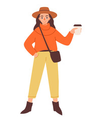 Young fashionable woman with coffee. Girl in modern clothes with a drink. Flat vector illustration