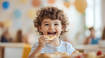 A kid excitedly eating a colorful, cheesy pizza slice at a fun birthday party.