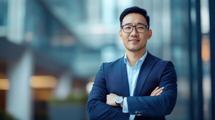 Fototapeta premium An Asian man in a sharp business suit, making a sales pitch in a sleek, urban office setting.