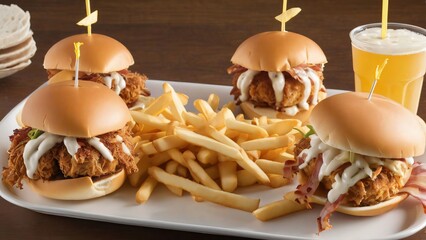 Three sliders with cheese and bacon, pulled pork and a crab cake served on buns, with a side of fries