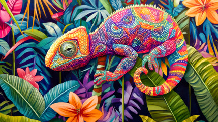 Fototapeta premium A chameleon is perched on a tree branch, blending in with its surroundings, A chameleon blending seamlessly into its colorful surroundings