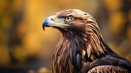 Obraz premium A close-up portrait of a Golden Eagle with a sharp focus on its eye, set against a blurred background of autumn foliage.