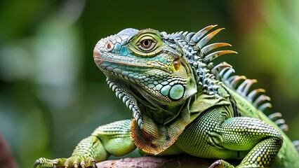 Obraz premium A close-up portrait of a green iguana with its head tilted up, looking to the side, with a green and brown blurred background.