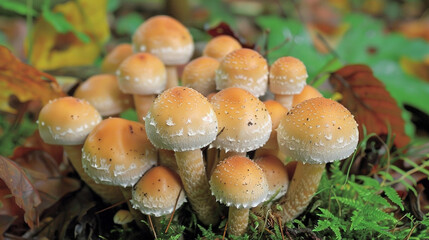 Fototapeta premium A close-up shot of a small cluster of mushrooms, with their caps just peeking through the forest floor.