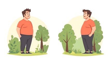 Transformation Journey of Weight Loss - Illustrations of Man Before and After, from Hesitant to Enthusiastic in a Park Stroll