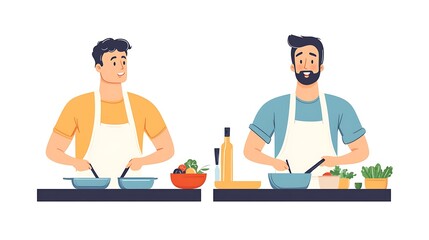 Transformation Journey: Before and After Weight Loss in Cooking Class - Vector Illustrations of Man's Progress from Frustration to Excitement