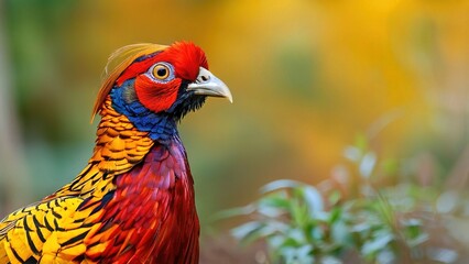 Fototapeta premium A close-up portrait of a male golden pheasant with vibrant red, yellow, and blue plumage, against a blurred background of autumn foliage.