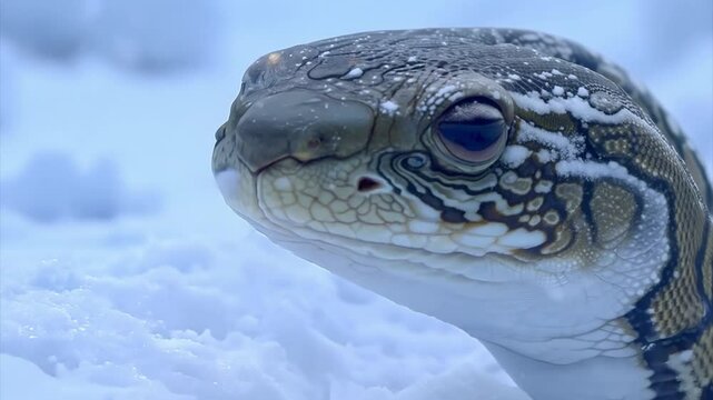 close-up of a snake in winter against the background of snow concept of the New Year according to the eastern calendar