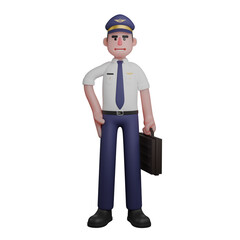 3D Illustration of Pilot. A pilot is standing with his right hand on his waist while his left hand is carrying a black bag. Aerial Navigator