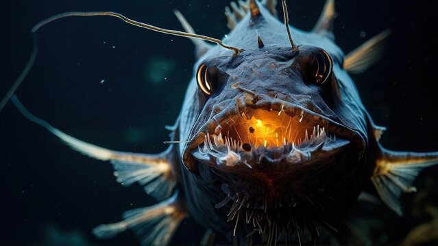 A close-up shot of a  black sea devil fish with a large mouth and sharp teeth, with a glowing lure in its mouth, against a dark background.