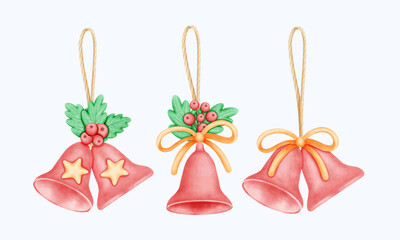 Watercolor Christmas red Bell Illustration with Festive Ribbon and Holly Hand Drawn and Cute Art for Holiday Decor