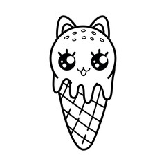 Silhouette of a Cute kawaii ice cream with cat ears and a cute face. Vector children's cartoon coloring book
