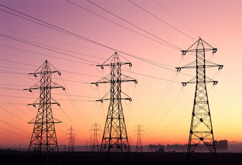 Bucheon-si, Gyeonggi-do, South Korea - July 11, 2006: Low angle and sunrise view of high voltage line and transmission tower on rice paddy against sky with red glow