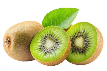 Fototapeta premium Kiwi fruit (kiwifruit) with green leaf isolated on white background with generative ai