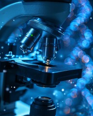 Scientist with protective gear analyzing samples under microscope in genetic research laboratory