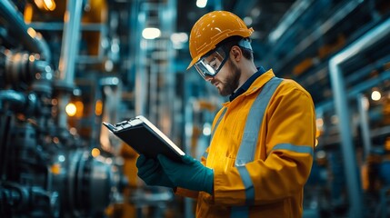 Industrial Engineer: A focused industrial worker checks his clipboard in a vibrant, high-tech industrial setting. The image conveys precision, safety, and meticulous attention to detail in the heart o