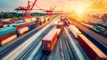 Dynamic Transportation Hub with Airplane Overhead and Cargo Containers on Railway Tracks at Sunset