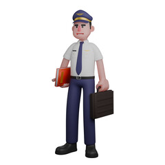 Pilot Character 3D. A pilot is standing with his right hand on his waist while carrying a book while his left hand is carrying a black bag. Illustrated Male Aviator