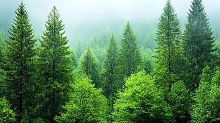 Fototapeta premium Dark rainy forest with mist, deep shadows and soft light, mysterious and haunting, cinematic landscape