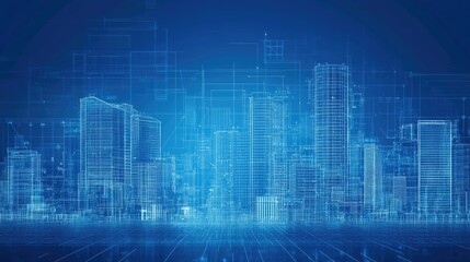 Futuristic cityscape with digital blueprints overlay