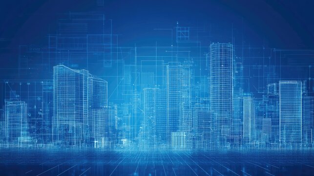 Futuristic cityscape with digital blueprints overlay