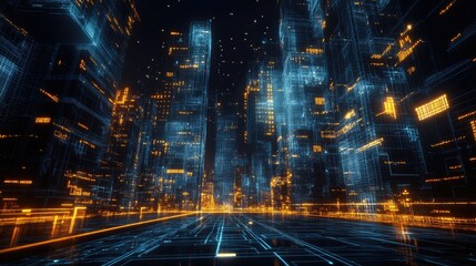 Futuristic cityscape with digital blueprints overlay