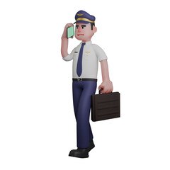 Professional Pilot 3D. A pilot is walking with his right hand carrying a cellphone placed on his ear while his left hand is carrying a black bag. Male Flight Officer