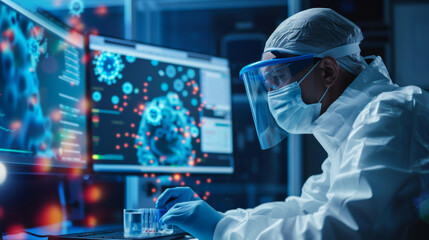 Medicine doctor and robotics research and analysis. Diagnose checking coronavirus or covid-19 testing result  virtual screen  laboratory