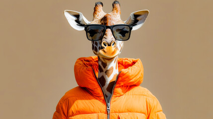 A giraffe wearing sunglasses and a yellow jacket stands in front of a colorful background.
