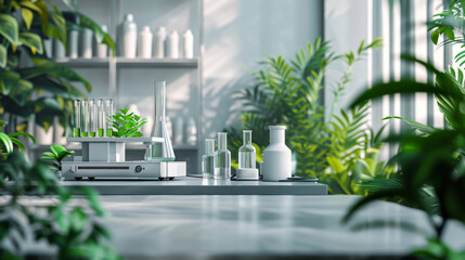 chemical laboratory equipment and green plants. in a style of modern, clean, and professional
