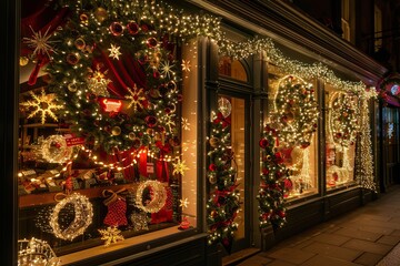 Fototapeta premium Festively decorated shop window with Christmas lights and wreaths